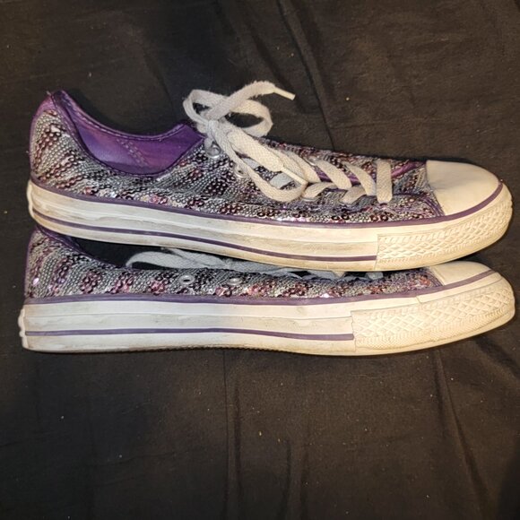 Purple Silver Sequin Converse 9.5 Women Low Top Glitter Festival Tennis Shoes - Picture 6 of 9
